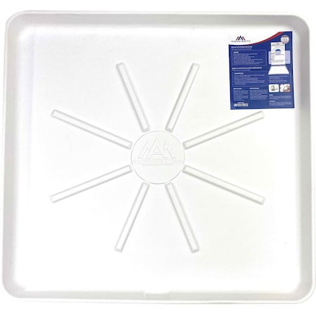Washing Machine Pan, 30 In X 28 In Durable HDPE Plastic, White, Undrilled W Drain Hose Adapter